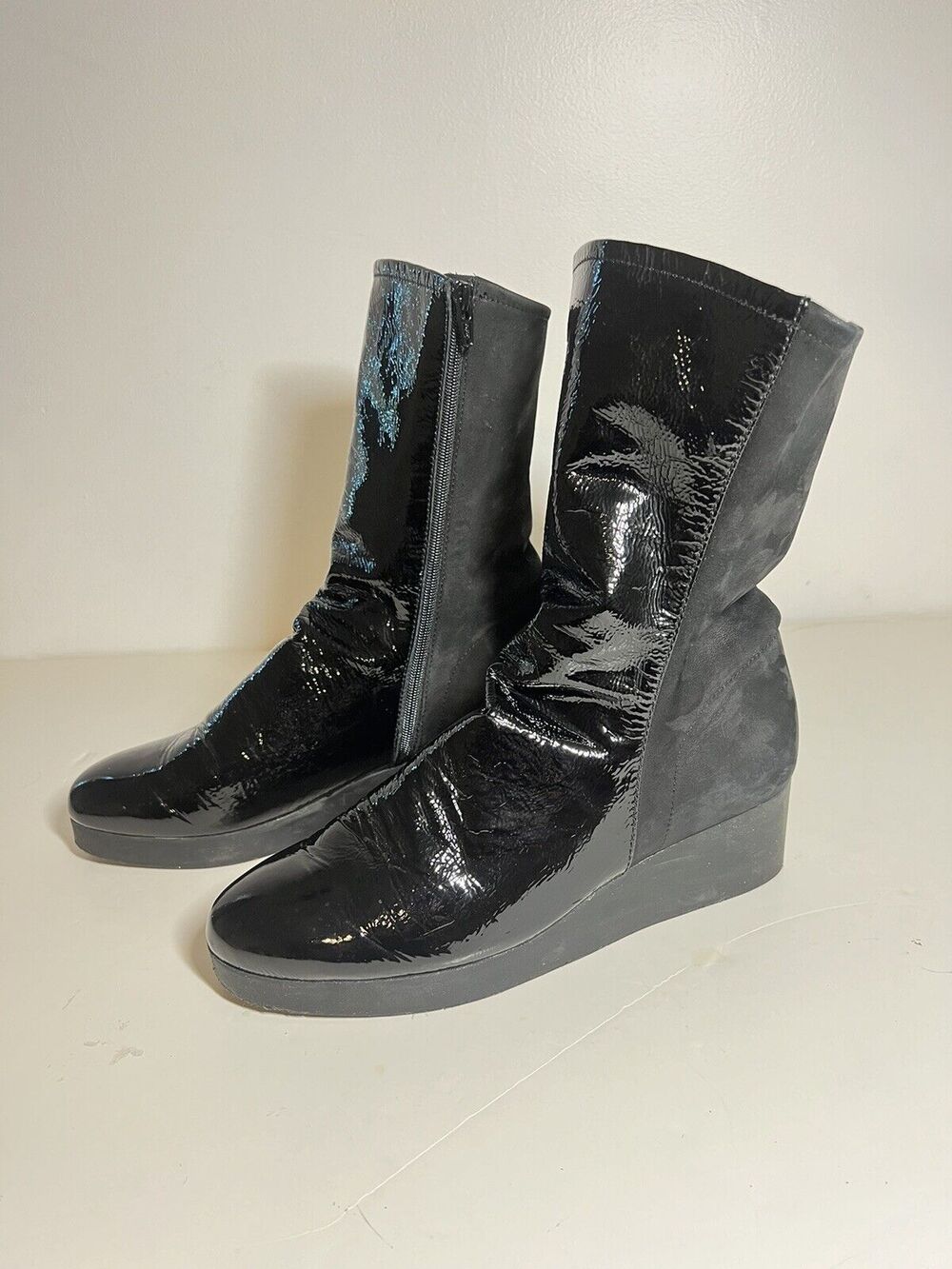 Arche Women EUC Black Patent Leather/Suede Mid Calf 2" Heel Boot Size 40 EU 9 US